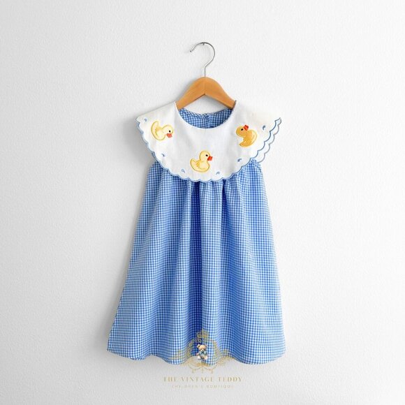 Other - NWT Pretty Girls Embroidered Bib Collar Dress Gingham & Cute Yellow Ducky 6Y